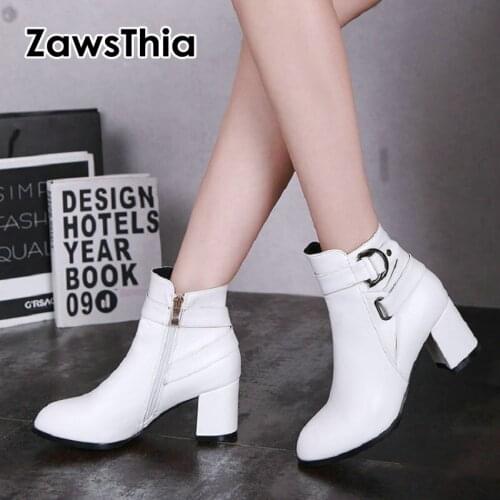 Autumn Women Boots Square High Heel Ankle Boots Fashion Pointed Toe Buckle Winter Zipper Boots Martin Shoes Black White Beige