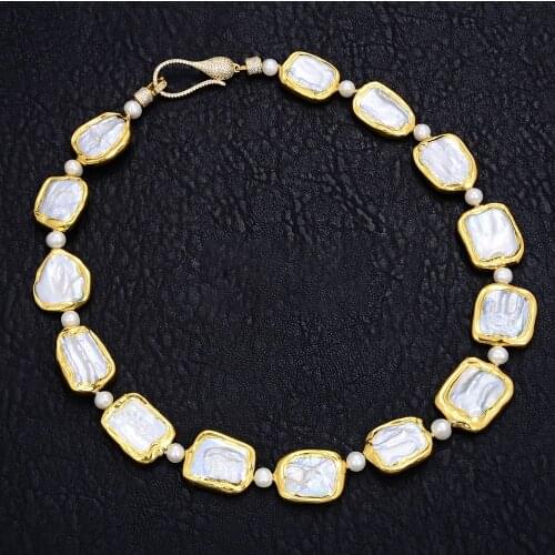 18.5" White Square Keshi Pearl Gold color plated chokers Necklace
