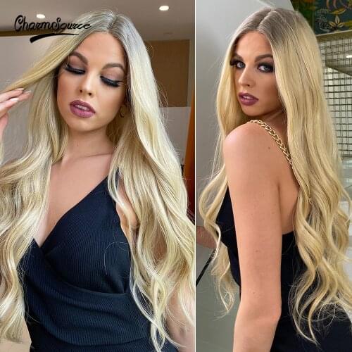 CharmSource Front Lace Wig Long Blonde Wavy Synthetic Wigs Dark Root Daily Party Cosplay for Black White Women High Density Hair