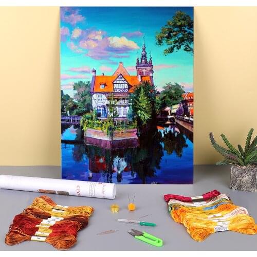 Landscape Gdansk Pre-Printed 11CT Cross Stitch Complete Kit Embroidery DMC Threads Handiwork Handmade Handicraft Counted