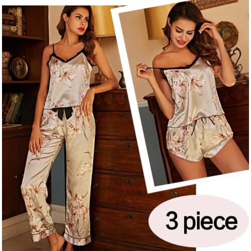 New Pajamas for Women Emulation Silk Summer Condole Belt + Long Pants +short Pant 3 Piece Set Print Sleepwear Homewear Plus Size