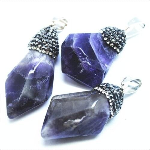 Natural amethystt stone pendants with bright rhinestone top fashion decoration purple colors semi precious stone