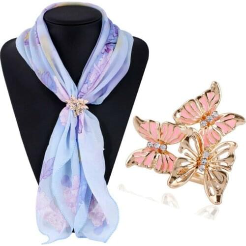 Popular Fashion All-match Silk Scarf Buckle Rhinestone Three Butterfly Three Ring Scarves Buckle