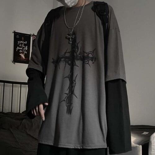 QWEEK Gothic Goth Style Tshirt 2021 Mall Goth Tops Punk Long Sleeve Oversized T-shirt Japanese Streetwear Fashion Korean Style