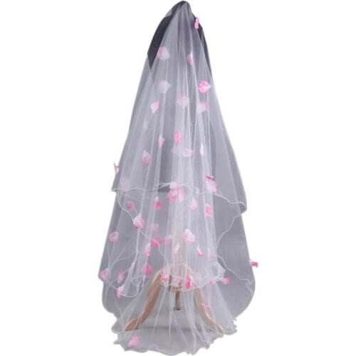 Romantic Wedding Veil Dress Pink Petals Decoration Veil Layers Tulle Ribbon Edge Bridal Veils