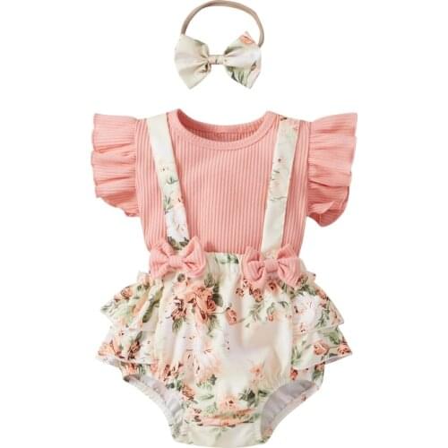 Bobora Summer Baby Girl Clothes Cute Sleeve Shirt + Print Shoulder Strap Trousers + Hair Band Cotton Newborn Girls Clothes