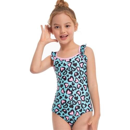 Little Girl’s Sweet Leopard One-Piece Swimsuit Fashion Ruffles Fly Sleeve Triangle Swimsuit