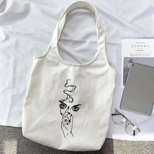 Line Art Canva Female Cloth Bag Eco Friendly Reusable Fashion White and Black Tote Shopping Travel Foldable Large Capacity Totes