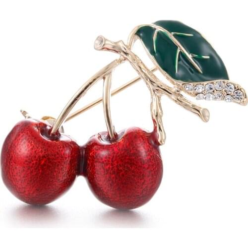 Utei Jewelry Gold Color Alloy Red Enamel Amazing Cherry Brooch Crystal Rhinestone Lady Clothes Jewelry Accessories Lapel Pin