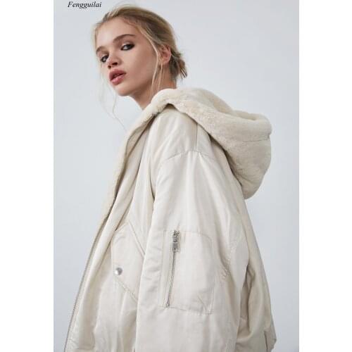 Ladies Reversible Hooded Jacket Faux Fur Fleece for Winter Womens Tops Bomber Jackets Coats Black Outwear with Long Sleeve