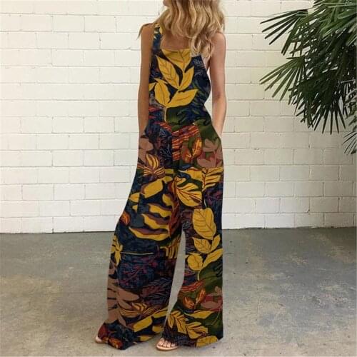 Women Fashion Leaf Floral Sleeveless Straps Wide Leg Pants Jumpsuit Rompers With Pocket Summer Vacation Casual Vintage Jumpsuits