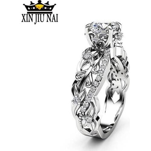 Silver Color Flower Pattern Rings for Women Ladies Trendy Simple Engagement Wedding Rings Inlaid Zircon bijoux femme Size 6-10