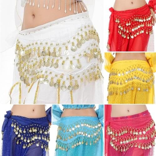 New Women Sexy Belly Dance Costume Belt Gold Coin Waist Chain Dance Skirt Chiffon Bellydance Belts Dancing Accessories