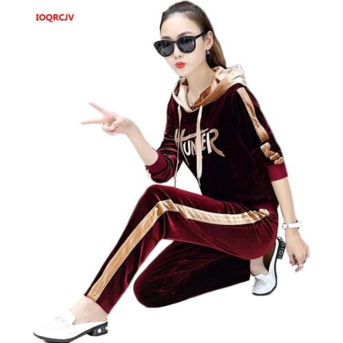 Tracksuit For Women Spring Two Piece Set Top And Pants Female Suits Sports Suit woman Leisure Long Sleeve Gold Velvet Sets W1519