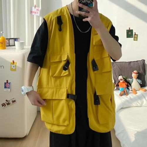 Spring Tooling Vest Mens Fashion Retro Casual Pocket Vest Men Streetwear Loose Hip-hop Tactical Vest Jacket Mens Large Size