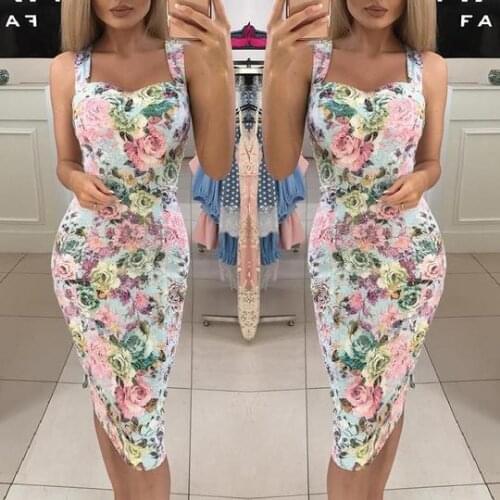 Women Sexy Deep V-Neck Knee-length Dress Printed Sling Slim Sexy Dress Casual Elegant Sheath Slim Dress Femme Vestidos