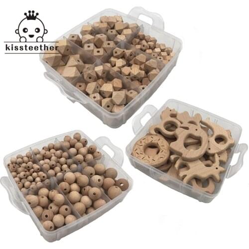 Wood Elephant Teether Baby DIY Crafts Set Beech Wooden Beads Crib Toy Safe And Hexagon Beads Teether Necklace Animal Pendants