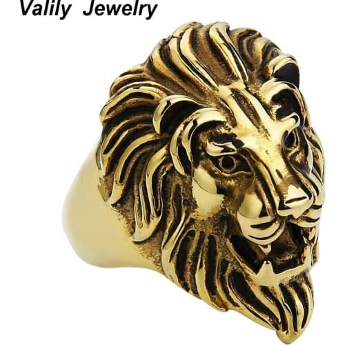 EdgLifU Mens Punk Lion Head King face Ring Stainless Steel Punk Gold Black Animal Rings For Men Vintage finger Rings
