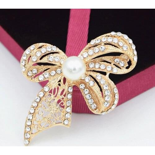 Elegant Gold Color Big Bow Brooch Clear Crystal Rhinestone Men And Women Apparel Accessories Corsage Pin