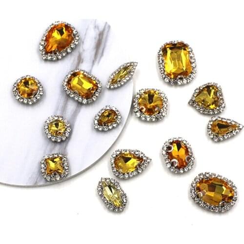 Hot sale Gold yellow mixed shape glass strass flatback sew on crystal button rhinestones for clothing/wedding decoration