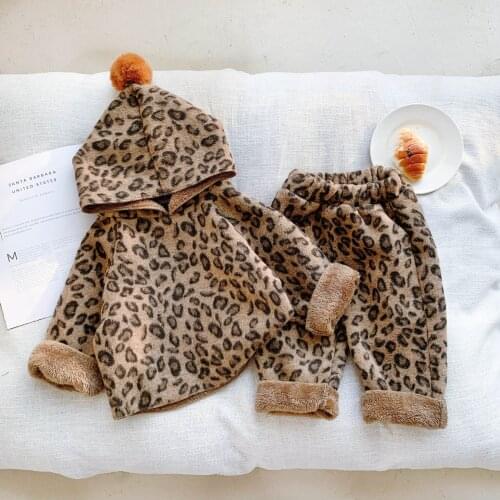 Childrens Clothing Girls Sets 2021 Winter Korean New Toddler Girl Leopard Suit Kids Long Sleeve Hooded Sweatshirt Sets 2-7 Year