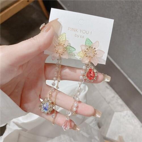 Korean Elegant Pink Flower Drop Earrings For Women Ladies Fashion Crystal Tassel Summer Holiday Brincos Jewelry