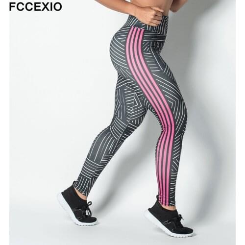 FCCEXIO New Casual Women Push Up High Waist Fitness Leggings Striped Digital Printing Sportswear Outdoor Leggings For Female