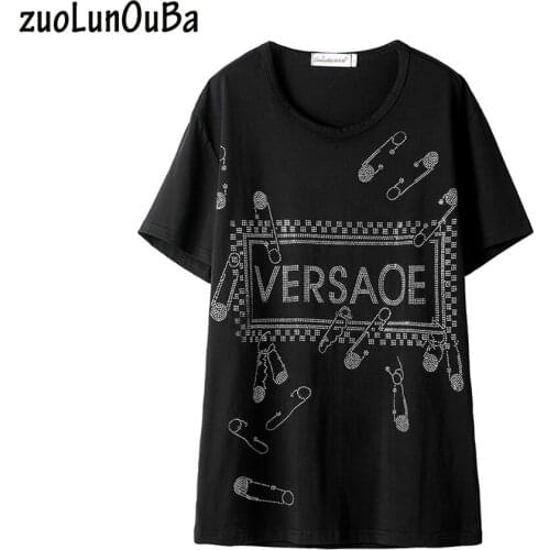 ZuoLunOuBa Summer Fashion Womens Clothes T shirt Black VERSAOE Ietter Diamond Short Sleeved Ioose Tees Tops