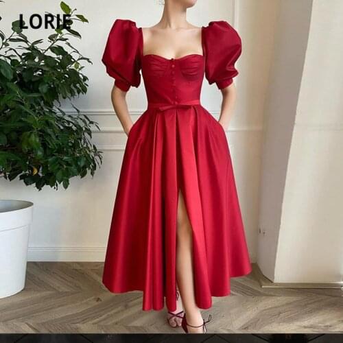LORIE Short Prom Gowns Sweetheart Short Puff Sleeves Front Side Satin A-Line Arabic Pleats Wedding Party Dress for Graduation