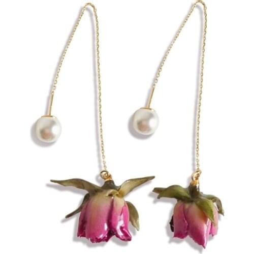 Cute Sweet Red Pressed Flower Long Drop Earrings Women Natural Rose Flower Wire Chain Dangle Earrings Fashion Jewelry