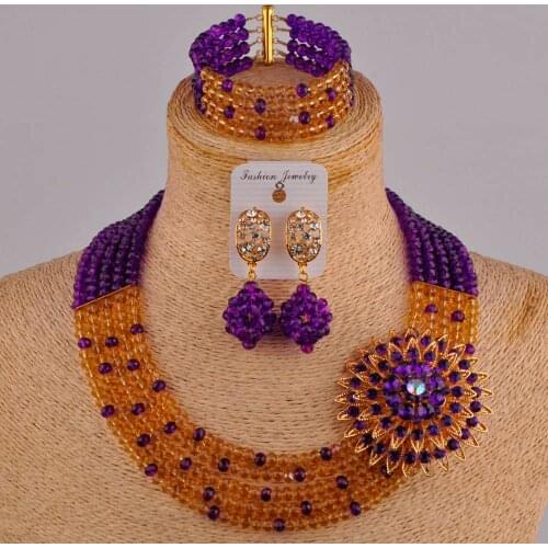 Fashion purple and champagne gold crystal bead african jewelry set nigerian wedding necklace 5SZ-021