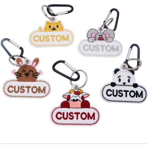 Customized Keyring Cartoon Lovely Panda Cow Mouse Embroidery Patch Baby Name Kindergarten School Bag Anti-Lost keychain Pendant