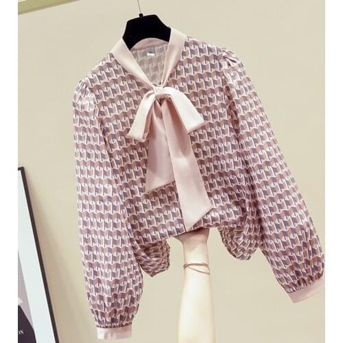Fall 2021 New Temperament Geometric Print Lantern Sleeve Shirt Female Design Sense Niche Long-sleeved Chiffon Top GX1412