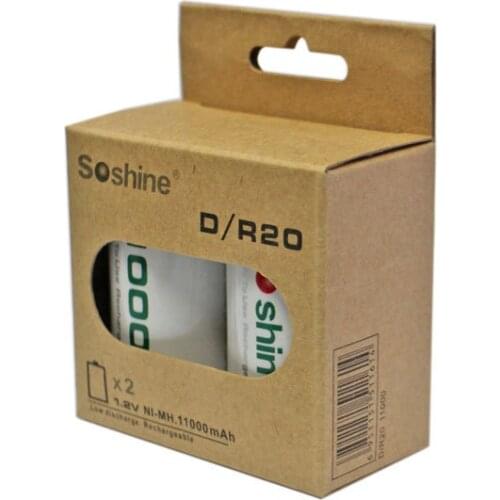 Soshine 2PCS D/R20 Size RTU D11000 Rechargeable Battery NiMH 11000mAh 1.2V Battery Higher Current Capabilities Battery