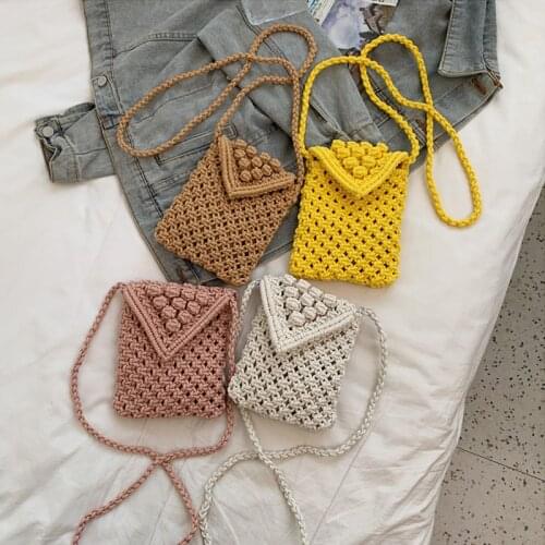 Casual Cotton Thread Mini Phone Bag Ladies Hand-woven Shoulder Bags Solid Color Hollow Crossbody Bags Ladies Mini Lipstick Purse