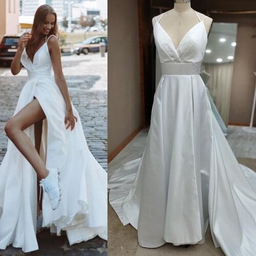Sexy High Split Satin Minimalist Wedding Dress 2021 Spaghetti Straps V Neck Bridal Gown Custom Made Plus Size Vestido De Noiva