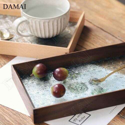 Solid Wood Begonia Flower Glass Trays Japanese Beech Black Walnut Teak Rectangular Tea Set Refreshments Storage Display Tray