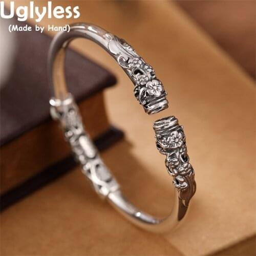 Uglyless 100% Real 999 Full Silver Bangles for Women Glossy Thai Silver Plum Blossoms Floral Bangles Ethnic Flower Jewelry Retro