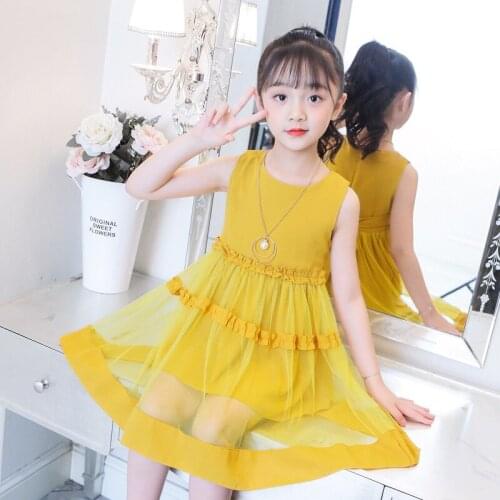 High quality 2021 new casual active sleeveless Solid bow kid children girls dress baby girl clothes white yellow girls clothing