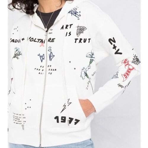 Womens Hoodies Graphic Print White Zipper 100% Cotton Long Sleeve Loose Casual Hooded Sweatshirts 2021 New