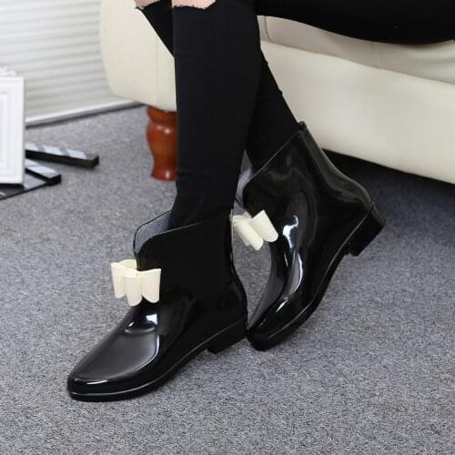 Women Flower Bowtie Spring Ankle Boot Winter Rain Boots Female Waterproof Solid Rubber Platform Baby Rain Shoes Ladies Footwear