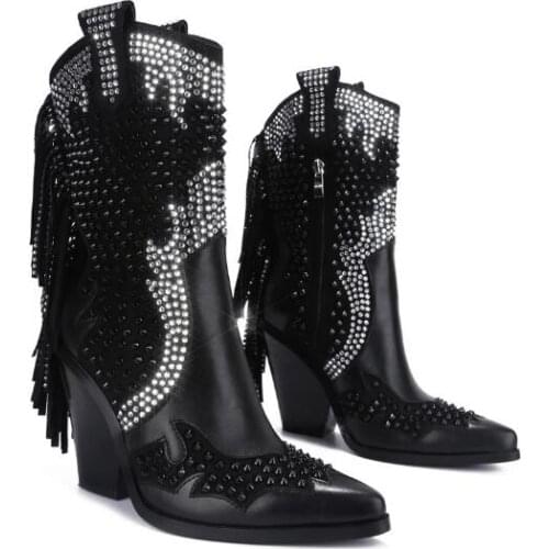 Dipsloot Woman Fashion Black Rivets Fringed Mid-calf Boots Bling Chunky Heels Slip On Pointed Toe High Heels Short Boots Shoes