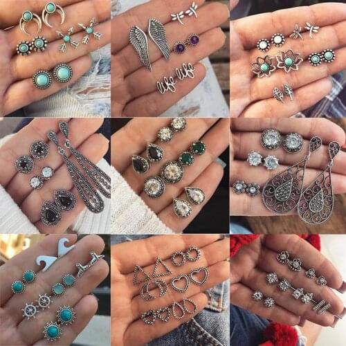 Bohemian Vintage Arrow Cross Heart Star Moon Angel Wings Crystal Earrings Set Women Punk Stud Earrings Statement Jewelry