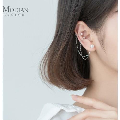 Modian New Arrive 925 Sterling Silver Elegant Pearl Chain C Shape Tassel Clips Earring for Women Wedding Enagament Fine Jewelry