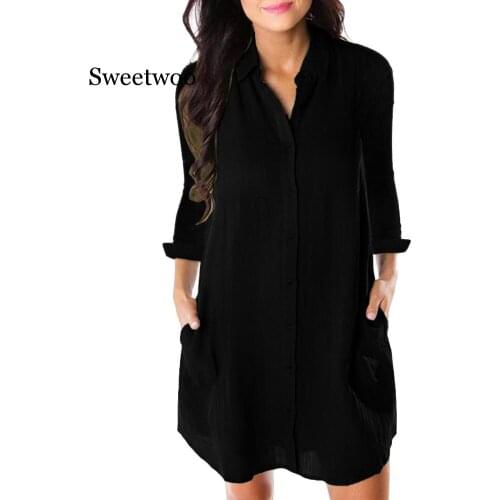 Women Loose Solid Dresses Turn Down Casual Ladies Office Shirt Dresses Button 2020 Summer Spring Long Sleeve Dresses Vestidos