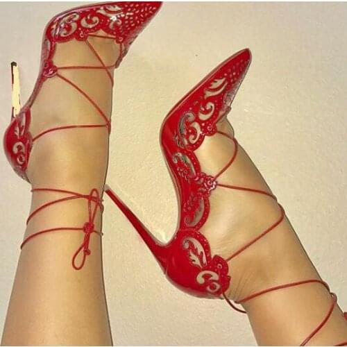 Moraima Snc Red Laser Cut Lace Up Shoes Sexy Pointed Toe 12cm Thin Heels Woman Pumps Cutouts High Heel Shoe White