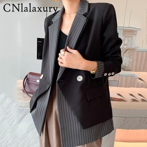 New Woman Blazer Coat Striped Patchwork Notched Long Sleeve Button Loose Office Lady Style Jackets 2021 Autumn fashion Outwear