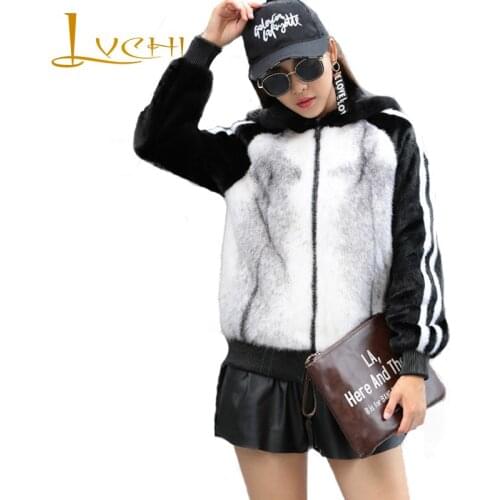 LVCHI Winter Long Sleeve Striped Cross Mink Coat Real Fur Import Swan Velvet Natural Fur With Fur Hood Womens Short Mink Coat