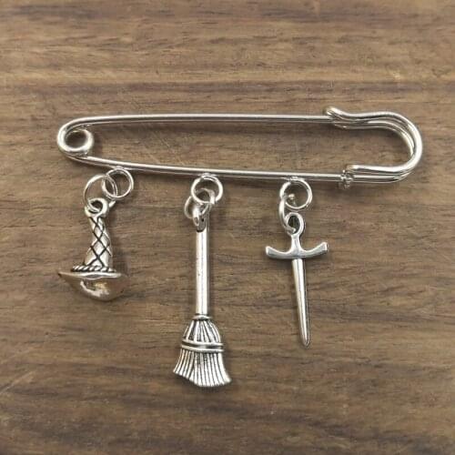 1 Wiccan Charm, Pagan, Witches Brooch, Sword, Witches Hat, Pentacle Drop Brooch Gifts of Best Friends