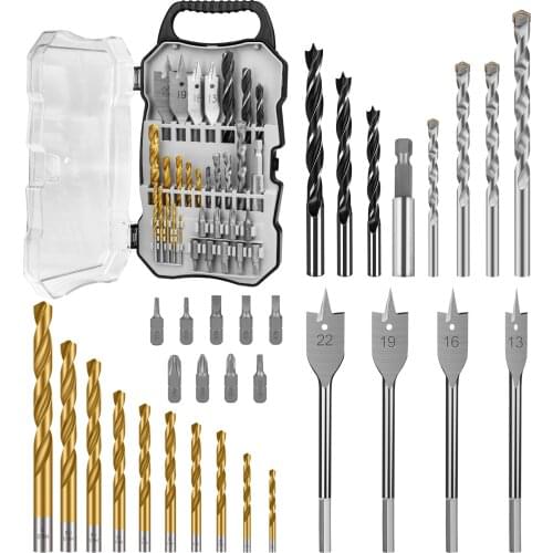 31pcs Combination Drill Bits and Driver Set,HSS Titanium Twist Drill Bits,Wood Spade Flat Drill Bit,Masonry Drill Bit for Tile